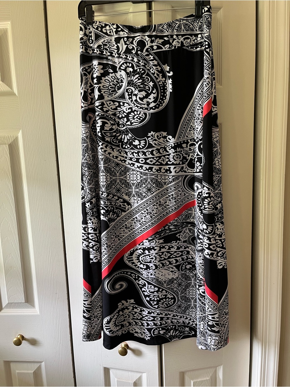 Roz & Ali  Black & White Paisley A-Line Skirt with Red Accent